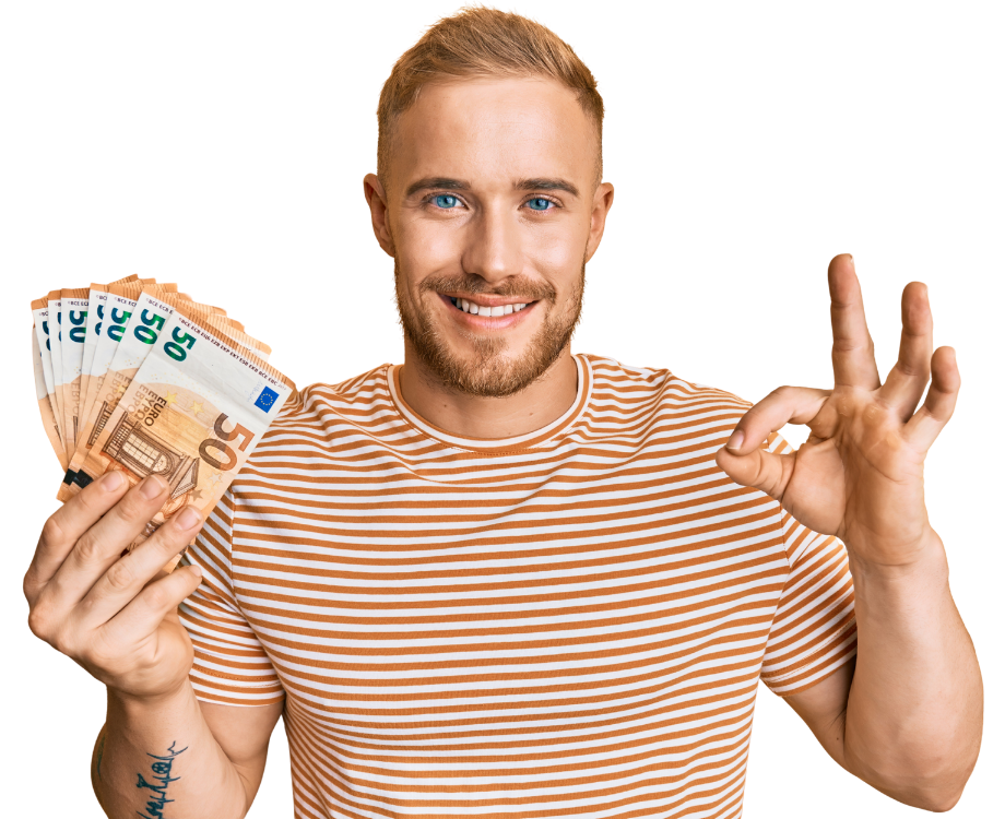 Smiling person showing banknotes
