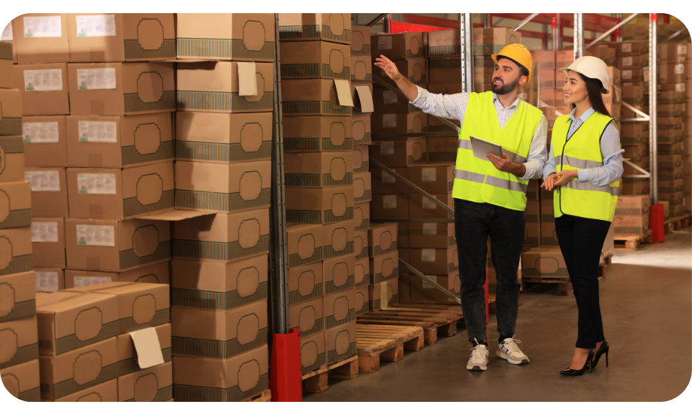 Staff in warehouse organising boxes