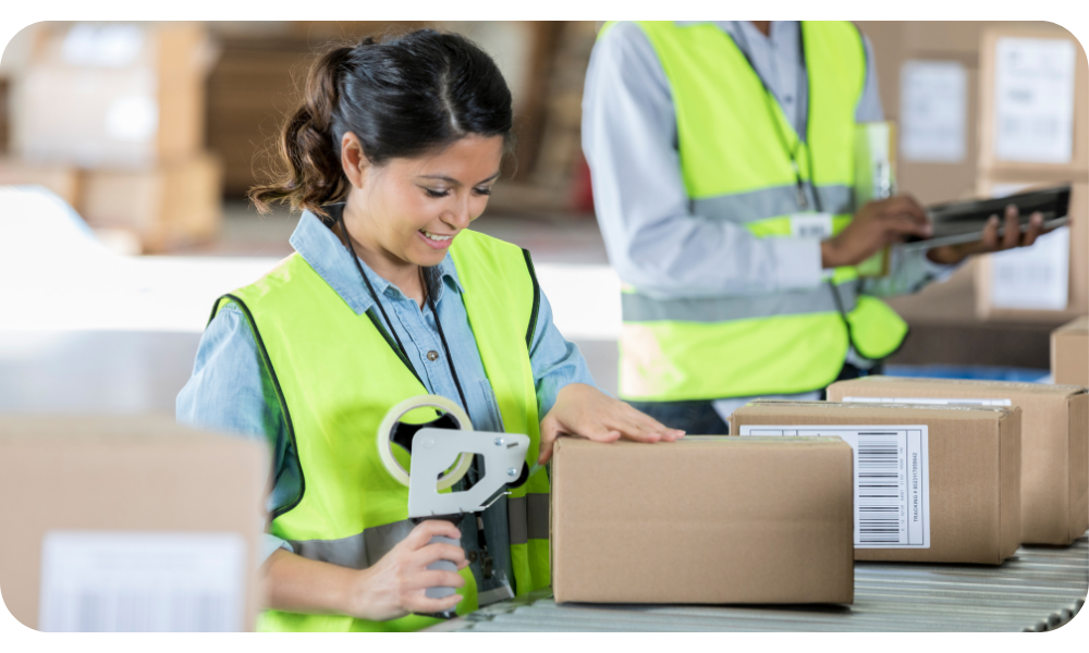 Worker packing products into boxes