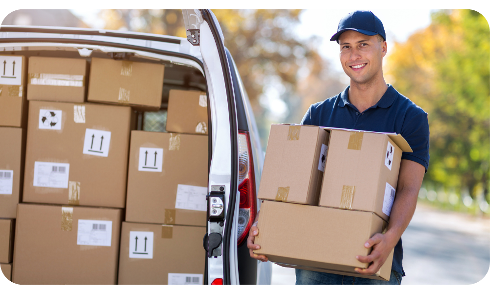 Driver loading parcels into a van