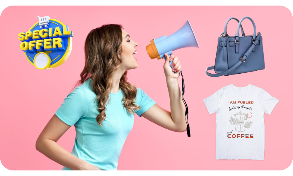 Advertisement with products and megaphone