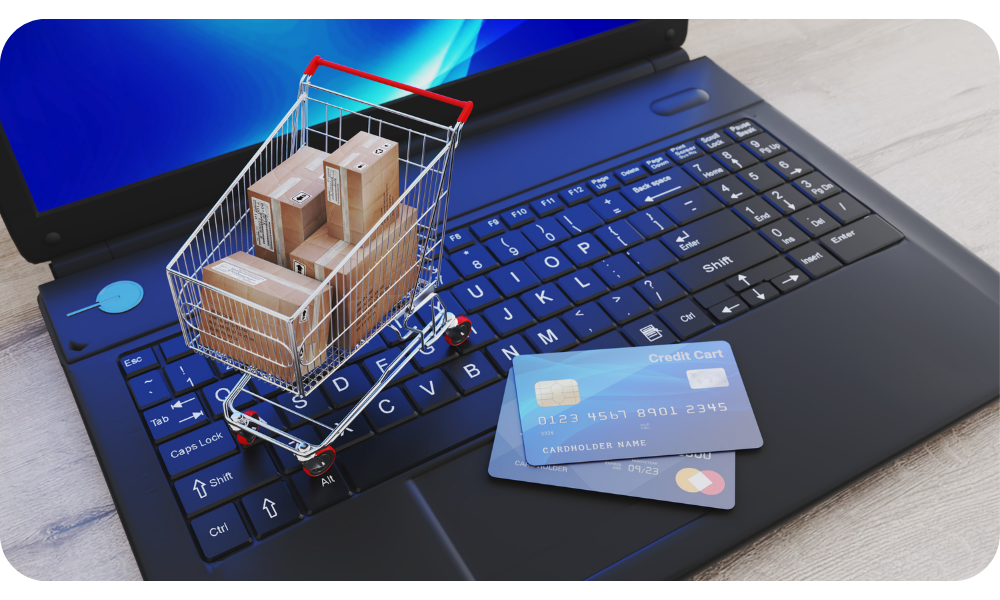 Virtual shopping cart on a laptop